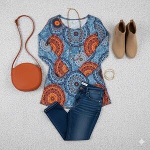 Vibrant Blue and Orange Long Sleeve Top